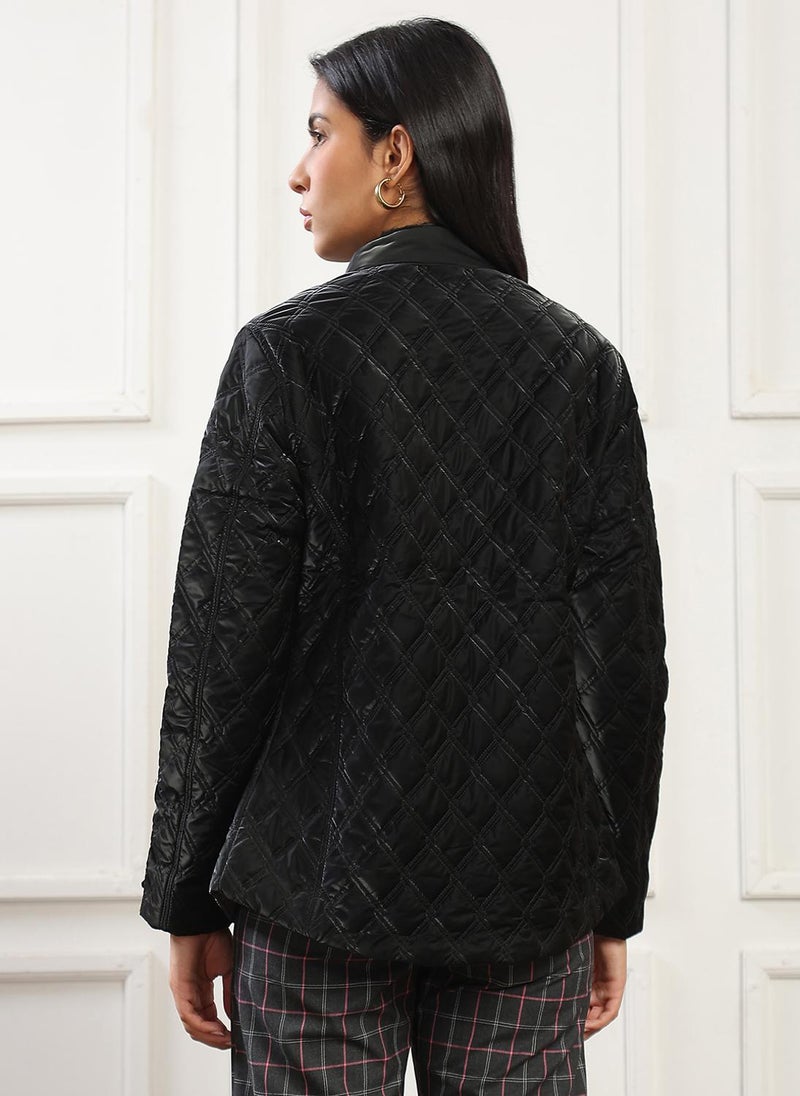 Globus Women Black Mock Neck Front Zip 2 Pockets Winter Wear Insulator Quilted Jacket - Image 4