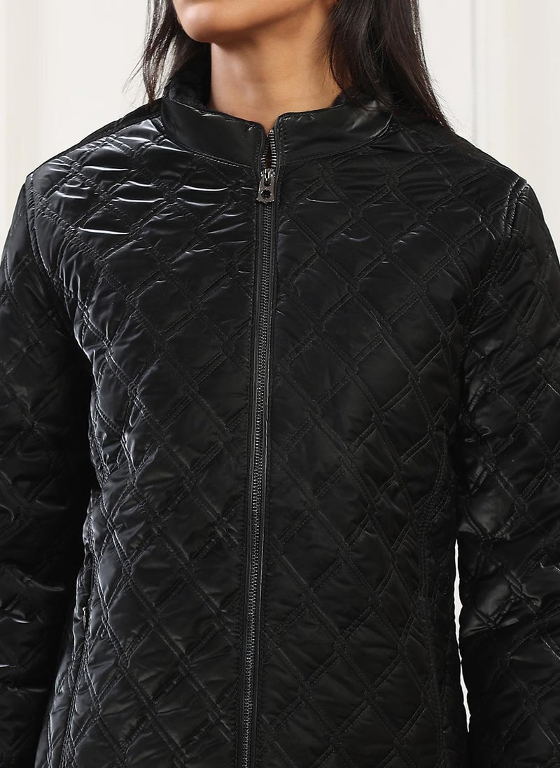 Globus Women Black Mock Neck Front Zip 2 Pockets Winter Wear Insulator Quilted Jacket - Image 5