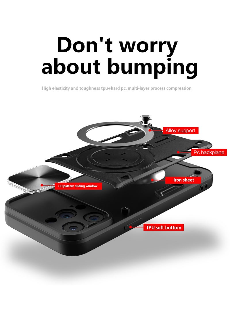 Case Cover For Apple iPhone 15 Pro Max Black Mobile Phone, Slide Camera Lens Cover, 360°Rotating Kickstand Ring, Bumper Shockproof Phone Case，Compatible with Car Magnetic Mount - Image 4