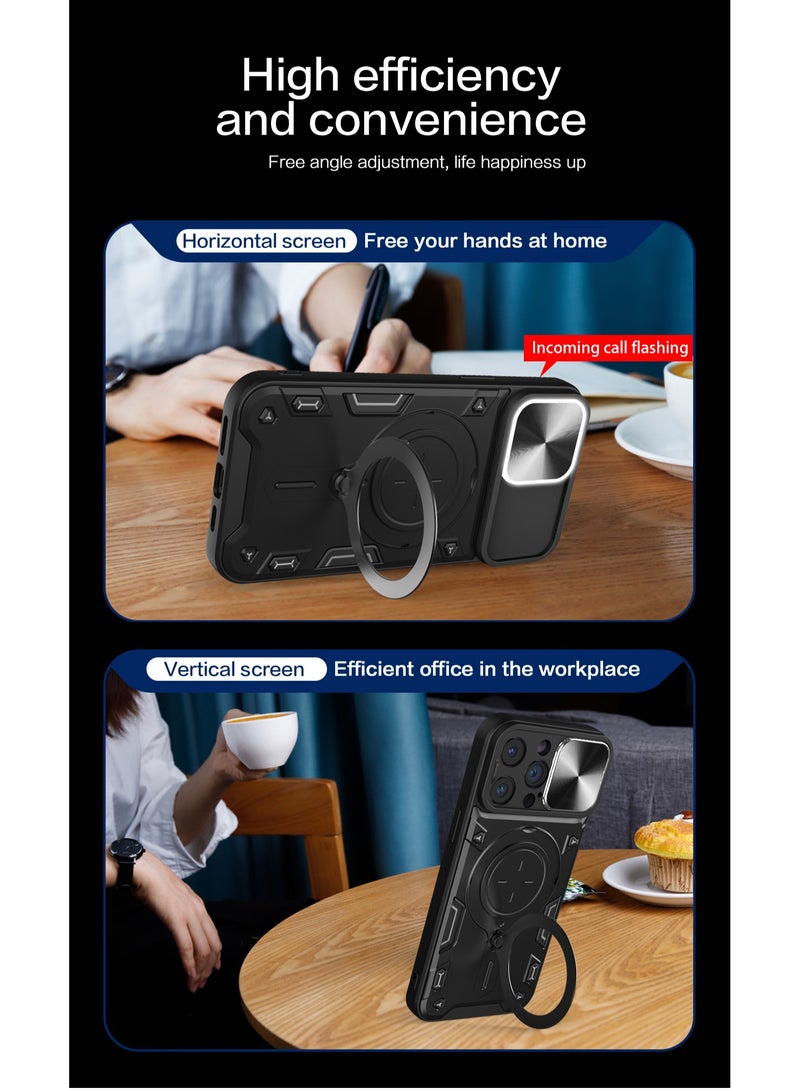 Case Cover For Apple iPhone 15 Pro Max Black Mobile Phone, Slide Camera Lens Cover, 360°Rotating Kickstand Ring, Bumper Shockproof Phone Case，Compatible with Car Magnetic Mount - Image 5