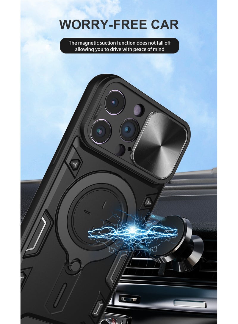 Case Cover For Apple iPhone 15 Pro Max Black Mobile Phone, Slide Camera Lens Cover, 360°Rotating Kickstand Ring, Bumper Shockproof Phone Case，Compatible with Car Magnetic Mount - Image 3