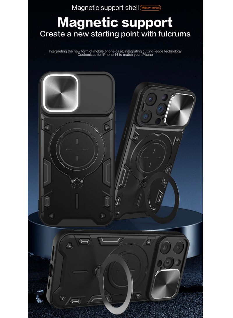 Case Cover For Apple iPhone 15 Pro Max Black Mobile Phone, Slide Camera Lens Cover, 360°Rotating Kickstand Ring, Bumper Shockproof Phone Case，Compatible with Car Magnetic Mount - Image 2