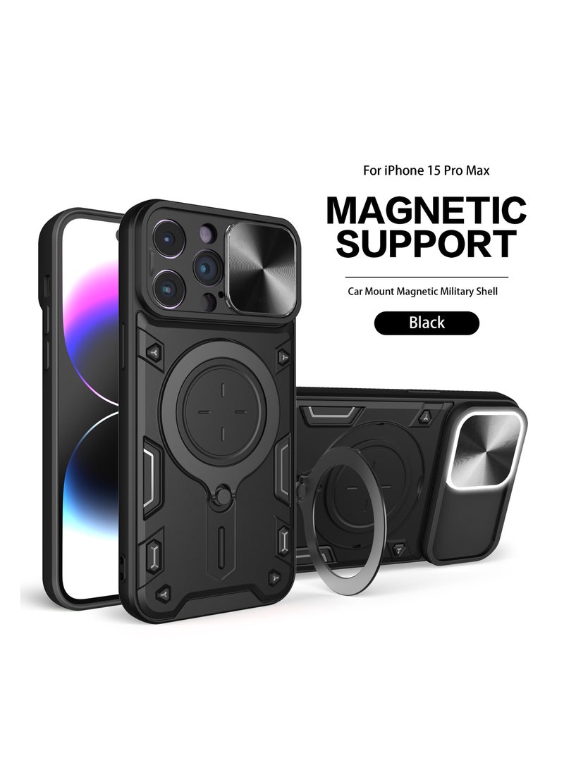 Generic - Apple iPhone 15 Pro Max Black Mobile Phone Case Cover, Slide Camera Lens Cover, 360°Rotating Kickstand Ring, Bumper Shockproof Phone Case，Compatible with Car Magnetic Mount - Image 1