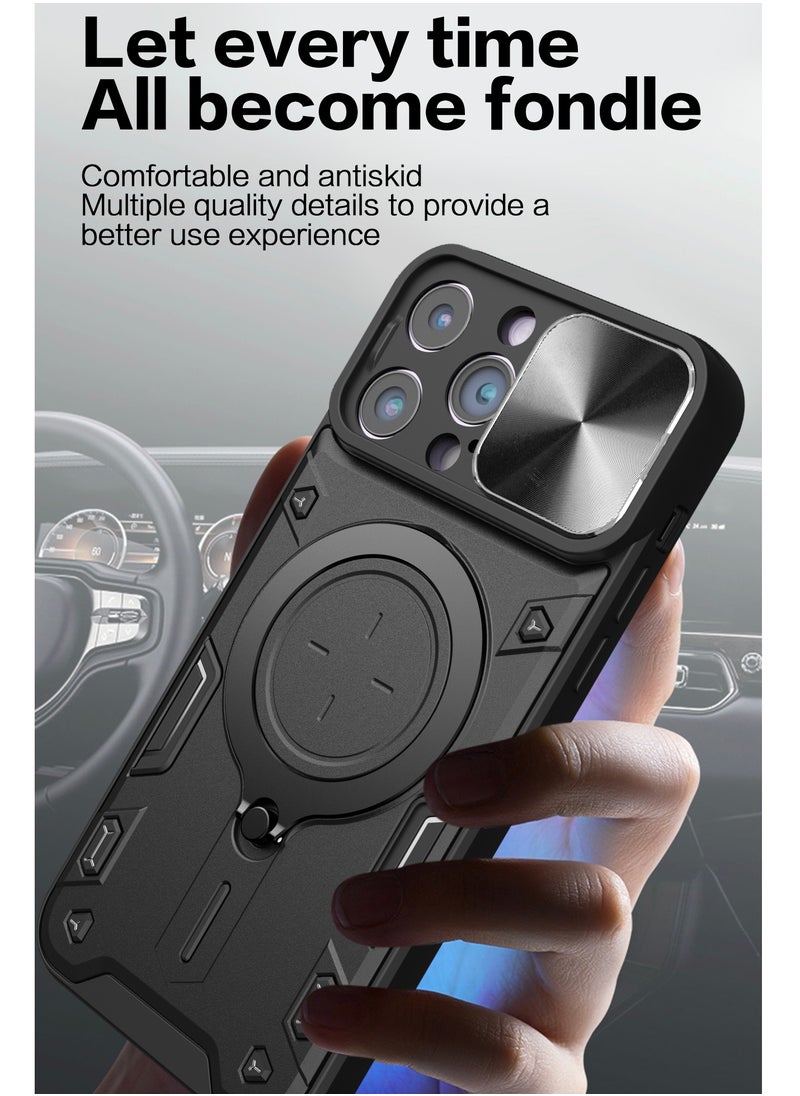 Generic - Apple iPhone 15 Pro Max Black Mobile Phone Case Cover, Slide Camera Lens Cover, 360°Rotating Kickstand Ring, Bumper Shockproof Phone Case，Compatible with Car Magnetic Mount - Image 1