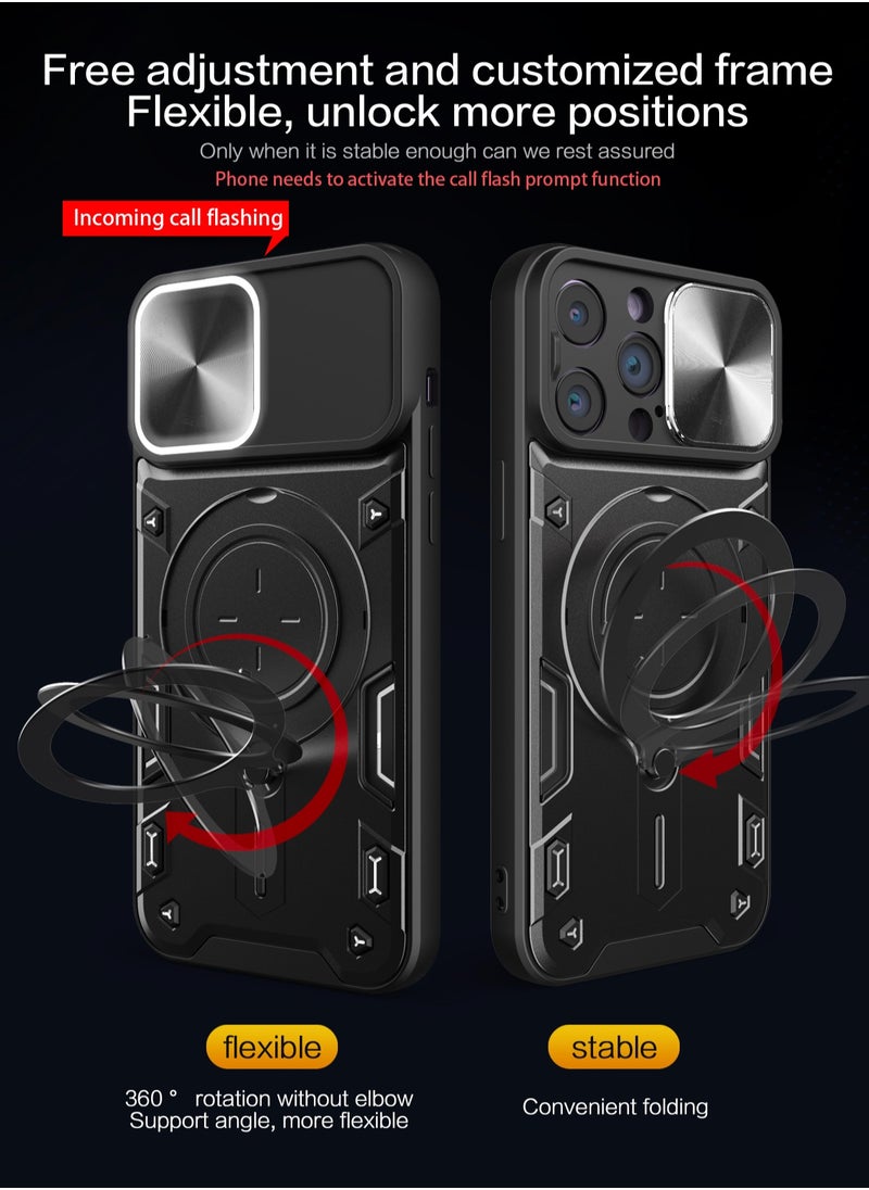 Generic - Apple iPhone 15 Pro Max Black Mobile Phone Case Cover, Slide Camera Lens Cover, 360°Rotating Kickstand Ring, Bumper Shockproof Phone Case，Compatible with Car Magnetic Mount - Image 1