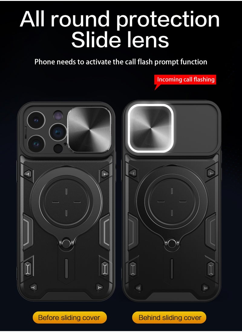 Generic - Apple iPhone 15 Pro Max Black Mobile Phone Case Cover, Slide Camera Lens Cover, 360°Rotating Kickstand Ring, Bumper Shockproof Phone Case，Compatible with Car Magnetic Mount - Image 1