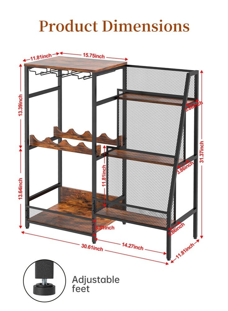 Solerconm Freestanding Liquor Bar Cabinet with Glass Holder, 3-Tier Wine Rack Floor Stand, Industrial Mini Home Bar Table with Metal Mesh Storage Shelves for Whiskey, Wine Bottles, Kitchen & Dining Room - Image 3