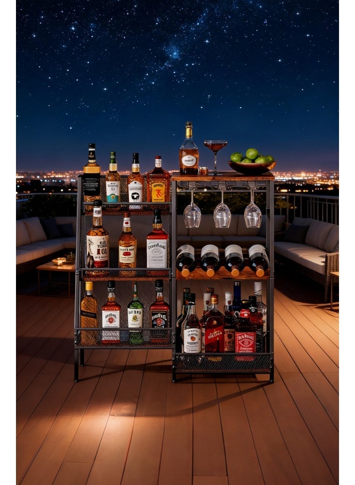 Solerconm Freestanding Liquor Bar Cabinet with Glass Holder, 3-Tier Wine Rack Floor Stand, Industrial Mini Home Bar Table with Metal Mesh Storage Shelves for Whiskey, Wine Bottles, Kitchen & Dining Room - Image 5