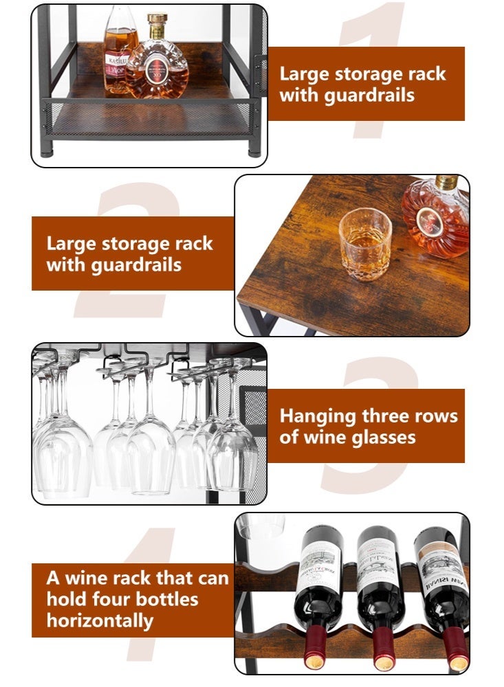 Solerconm Freestanding Liquor Bar Cabinet with Glass Holder, 3-Tier Wine Rack Floor Stand, Industrial Mini Home Bar Table with Metal Mesh Storage Shelves for Whiskey, Wine Bottles, Kitchen & Dining Room - Image 4