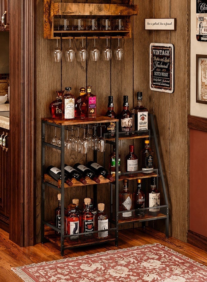 Solerconm Freestanding Liquor Bar Cabinet with Glass Holder, 3-Tier Wine Rack Floor Stand, Industrial Mini Home Bar Table with Metal Mesh Storage Shelves for Whiskey, Wine Bottles, Kitchen & Dining Room - Image 2