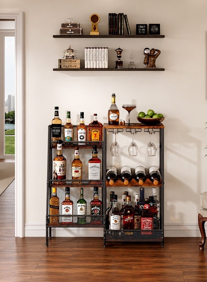 Solerconm Freestanding Liquor Bar Cabinet with Glass Holder, 3-Tier Wine Rack Floor Stand, Industrial Mini Home Bar Table with Metal Mesh Storage Shelves for Whiskey, Wine Bottles, Kitchen & Dining Room - Image 1