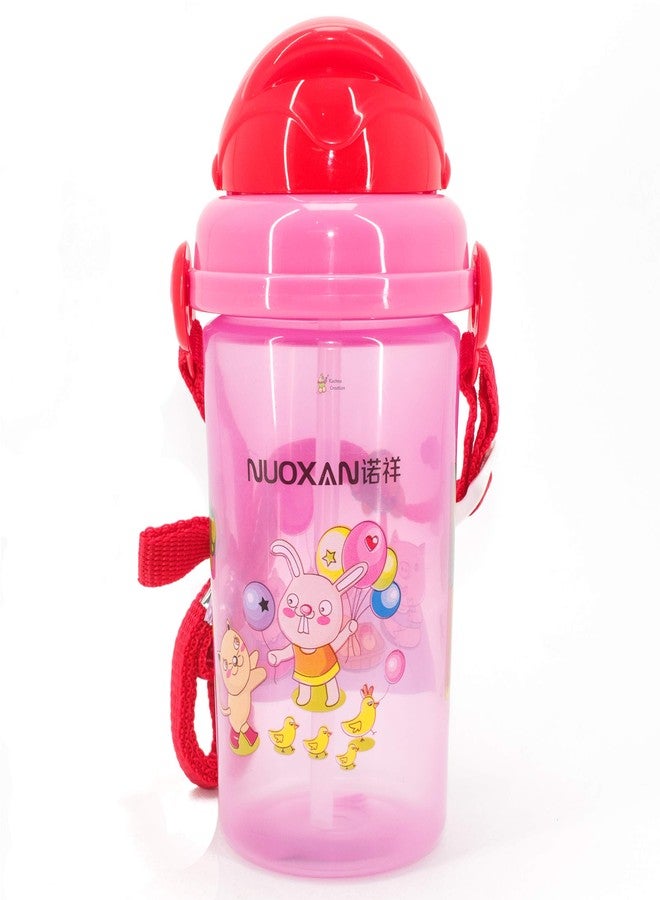 Rachna Leak-Proof Cartoon Print Soft Straw Sipper for Baby | Food-Grade Non-Toxic Flip Top Water Bottle with Strap for Kids | Summer School Picnic Camping - 6611 - Pink - 500ML - Image 1