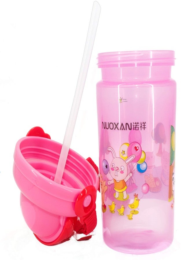Rachna Leak-Proof Cartoon Print Soft Straw Sipper for Baby | Food-Grade Non-Toxic Flip Top Water Bottle with Strap for Kids | Summer School Picnic Camping - 6611 - Pink - 500ML - Image 4
