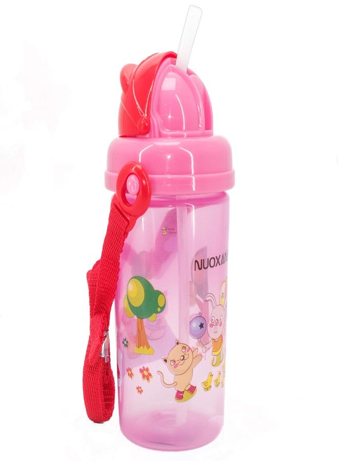 Rachna Leak-Proof Cartoon Print Soft Straw Sipper for Baby | Food-Grade Non-Toxic Flip Top Water Bottle with Strap for Kids | Summer School Picnic Camping - 6611 - Pink - 500ML - Image 2