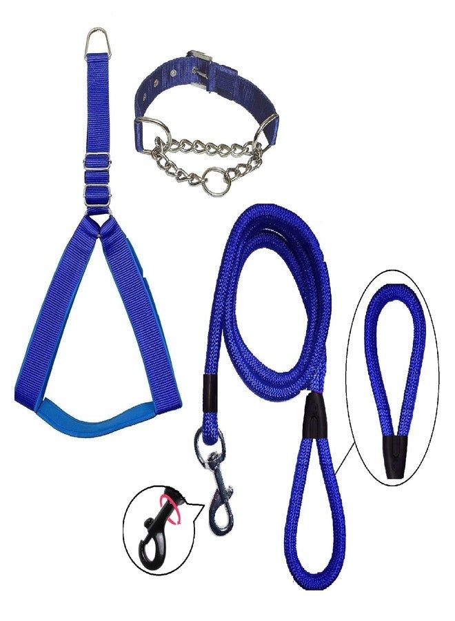 Hachiko:-(Combo of 3) Amazing Quality Nylon Padded Adjustable Dog Harness+Choke Collar+Rope(Medium,Blue). - Image 1