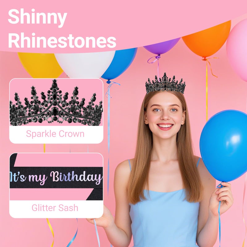 Papoopy Birthday Tiara and Crown with Sash, Birthday Tiara for Women Party (Black) - Image 5