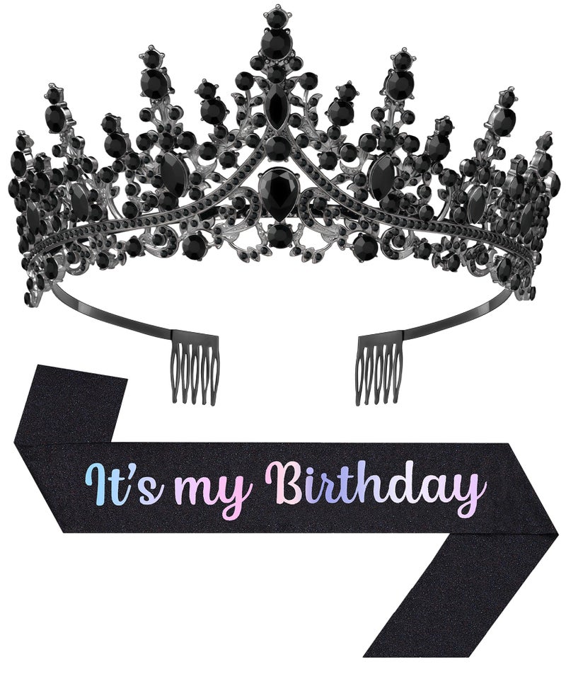 Papoopy Birthday Tiara and Crown with Sash, Birthday Tiara for Women Party (Black) - Image 1