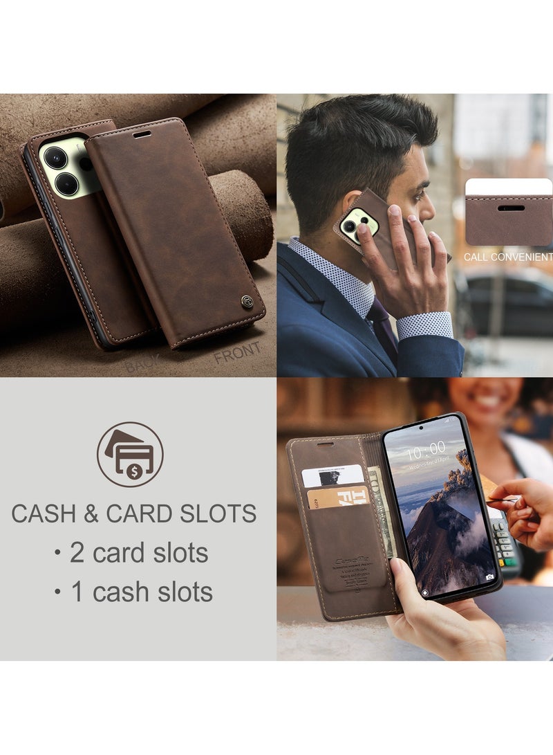 كيس مي جراب موبايل من الجلد الصناعي الفاخر  013 وحامل للكروت و البطاقات متوافق مع Redmi Note 14 4G (كوفي) - Image 5