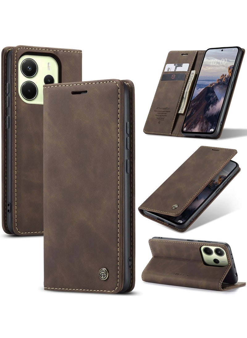 كيس مي جراب موبايل من الجلد الصناعي الفاخر  013 وحامل للكروت و البطاقات متوافق مع Redmi Note 14 4G (كوفي) - Image 1