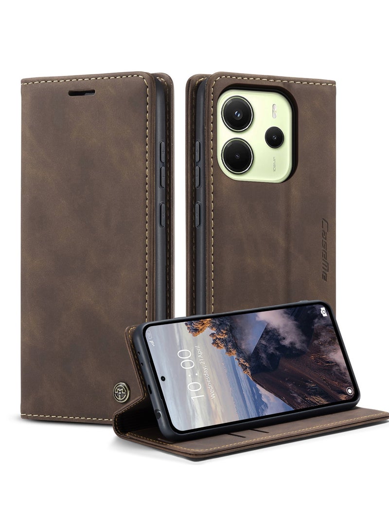 كيس مي جراب موبايل من الجلد الصناعي الفاخر  013 وحامل للكروت و البطاقات متوافق مع Redmi Note 14 4G (كوفي) - Image 2