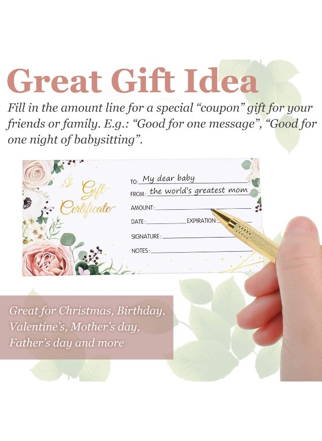 Home Trove Zonon 100 Pieces Blank Present Certificate Cards Double-Sided Floral Printing Gold Foil Customer Client Paper Voucher  - Image 5