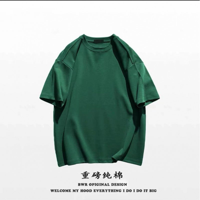 High-end 320g heavy combed cotton American round neck men's T-shirt men's and women's large version plus size summer trend bottoming shirt - Image 1