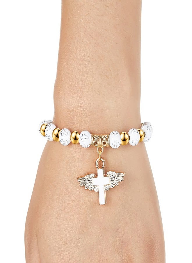 MTLEE 30 Pieces Angel Wing Cross Rosary Bracelets Cross Charms with Angel Wing Acrylic Baptism Beaded Bracelets for Women Men Baptism Favors Communion Weddings Party Favors(White) - Image 5