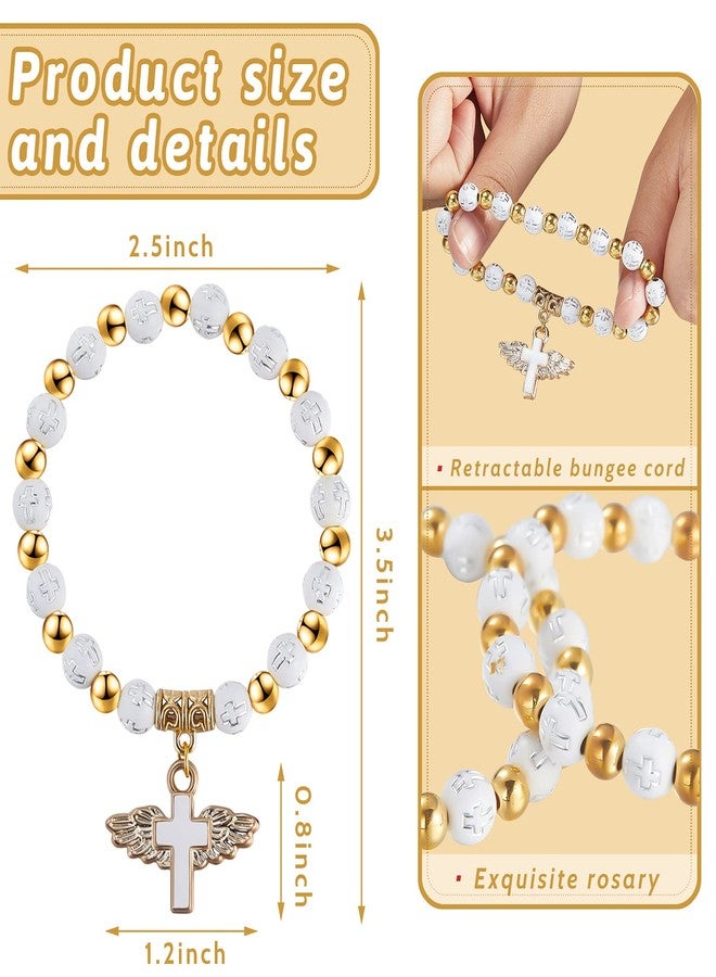 MTLEE 30 Pieces Angel Wing Cross Rosary Bracelets Cross Charms with Angel Wing Acrylic Baptism Beaded Bracelets for Women Men Baptism Favors Communion Weddings Party Favors(White) - Image 2