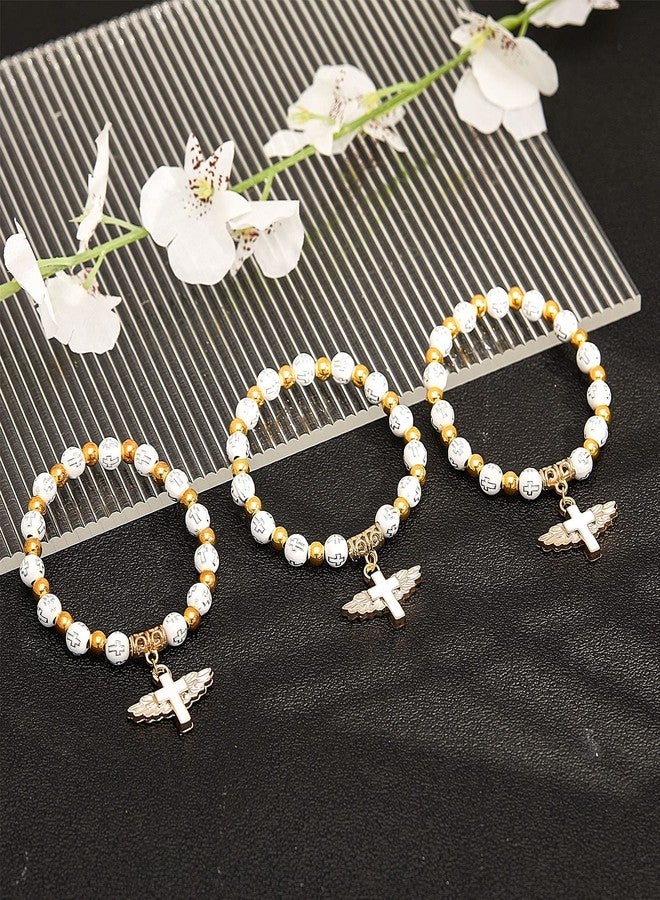 MTLEE 30 Pieces Angel Wing Cross Rosary Bracelets Cross Charms with Angel Wing Acrylic Baptism Beaded Bracelets for Women Men Baptism Favors Communion Weddings Party Favors(White) - Image 3