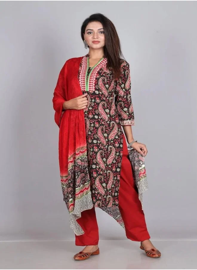 زيري سوق Rozana Black & Red Chiffon Dupatta Set