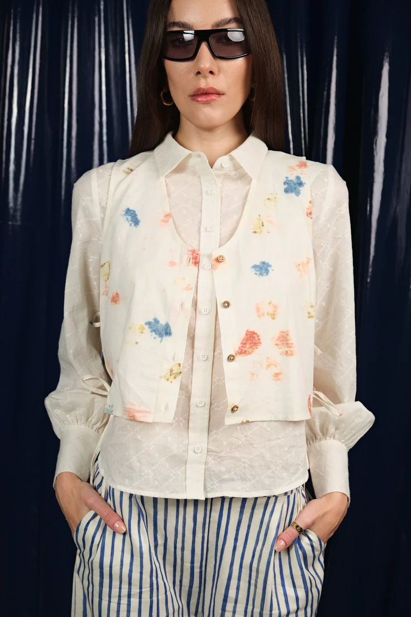 فيرجيو Floral Linen Tie-Up Waistcoat for Women