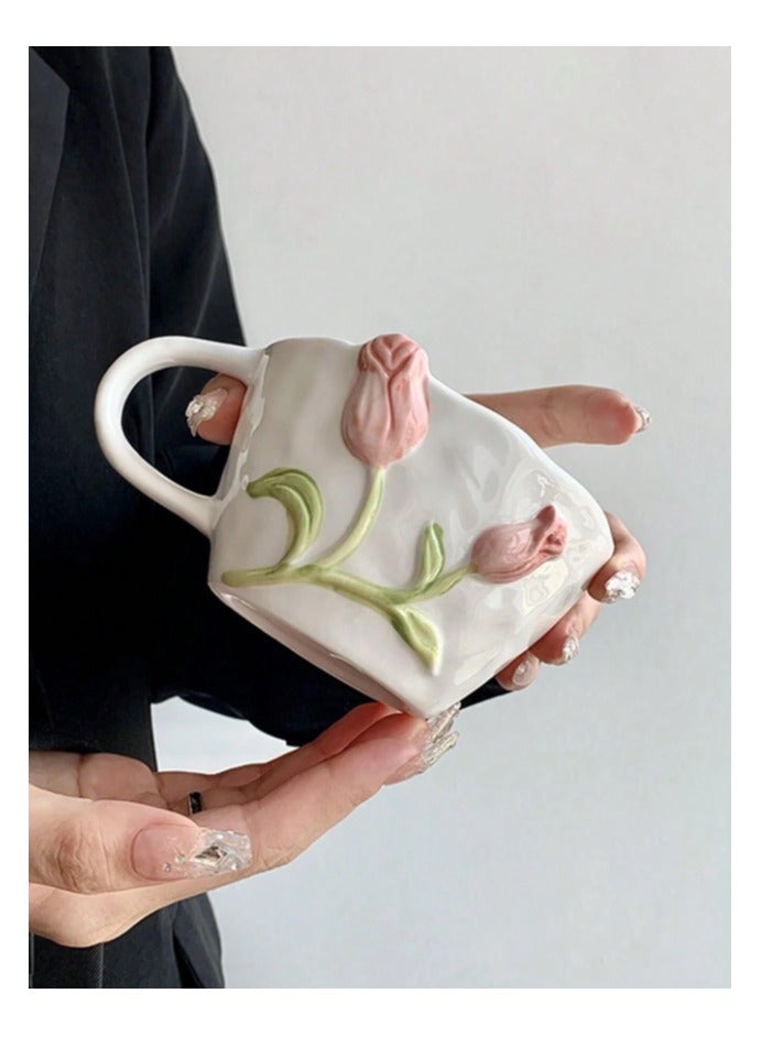 Qahwa 3D Ceramic Tulip Cup Saucer Coffee Cup Saucer Set Coffee Mug with Handle Tea Cup with Saucer Espresso Cup Plate for Dining Table Decoration Pinky - Image 2
