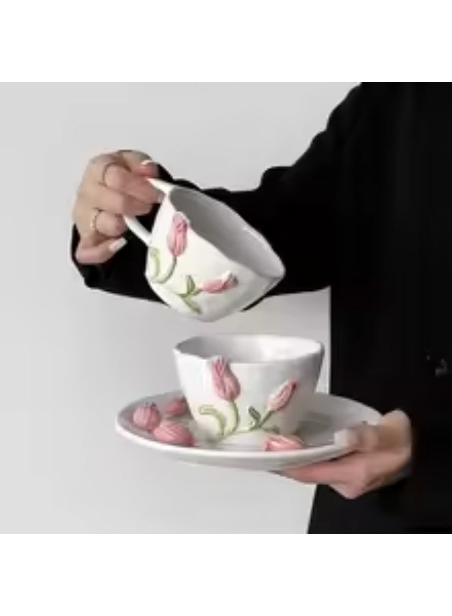 Qahwa 3D Ceramic Tulip Cup Saucer Coffee Cup Saucer Set Coffee Mug with Handle Tea Cup with Saucer Espresso Cup Plate for Dining Table Decoration Pinky - Image 4
