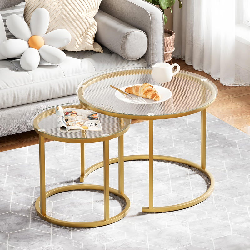 aboxoo Nesting Coffee Table Set of 2, Small Round Glass Nesting Tables for Living Room Bedroom, Accent Tea Table with Gold Metal Frame Modern Industrial Simple - Image 1
