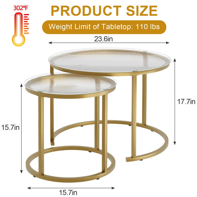 aboxoo Nesting Coffee Table Set of 2, Small Round Glass Nesting Tables for Living Room Bedroom, Accent Tea Table with Gold Metal Frame Modern Industrial Simple - Image 3