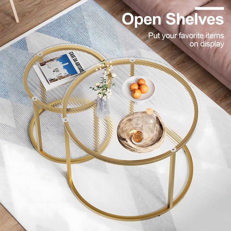 aboxoo Nesting Coffee Table Set of 2, Small Round Glass Nesting Tables for Living Room Bedroom, Accent Tea Table with Gold Metal Frame Modern Industrial Simple - Image 4