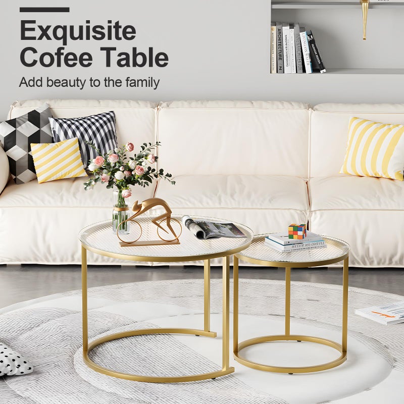 aboxoo Nesting Coffee Table Set of 2, Small Round Glass Nesting Tables for Living Room Bedroom, Accent Tea Table with Gold Metal Frame Modern Industrial Simple - Image 2