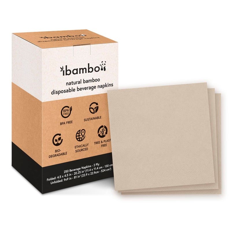 Ibambo 100 Bamboo Wedding Cocktail Napkins Disposable 250 Pack 2Ply FSC Certified Compostable Bar Napkins for Party Home or Commercial Use 45 x 45 Inch Folded Ideal for Serving Drinks