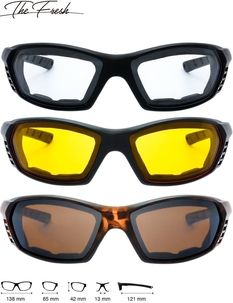 The Fresh 3 Pairs Motorcycle Riding Glasses Padded Frame Lens Block 100% UVB/UVB for Outdoor Activity Sport (6-Matte Black/Tortoise, Clear, Yellow, & Brown) - Image 2