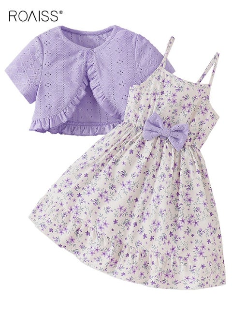 طقم فستان ومعطف أنيق للبنات، طقم فستان بدون أكمام مطبوع عليه أزهار وطقم كارديجان بأكمام قصيرة، قطعتان من ملابس كاجوال صيفية للبنات الصغيرات، مناسب للارتداء اليومي أو في أي مناسبة