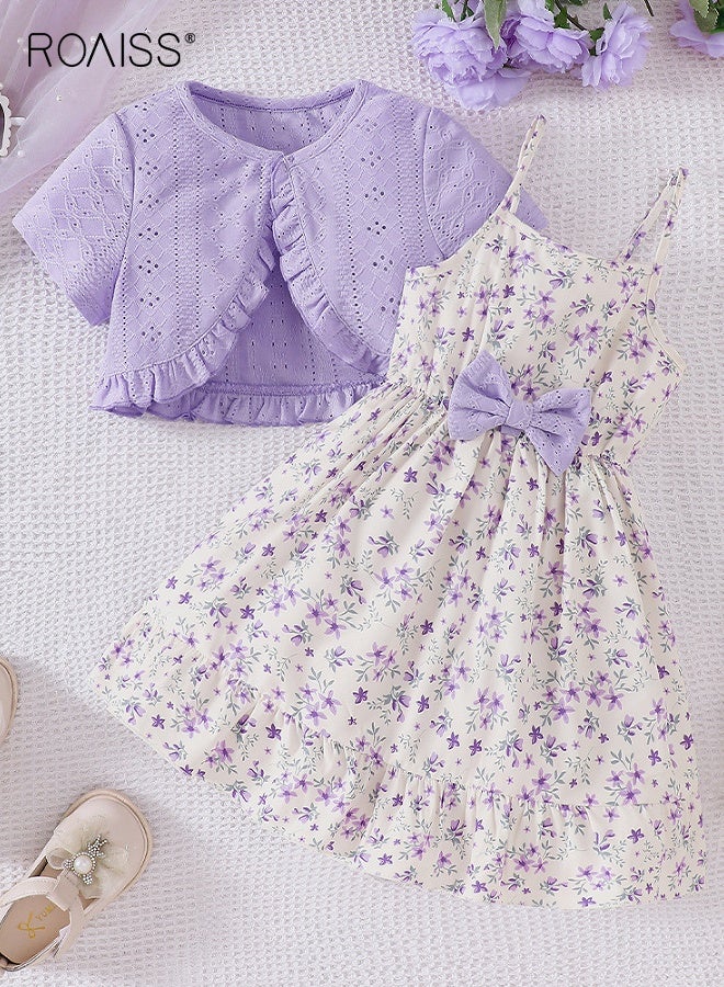 roaiss Girls Stylish Dress and Coat Set, Floral Print Sleeveless Dress and Short Sleeve Cardigan Set, 2 Pieces Summer Casual Outfits for Little Girls, Suit for Daily Wear or Any Occasion  - Image 2