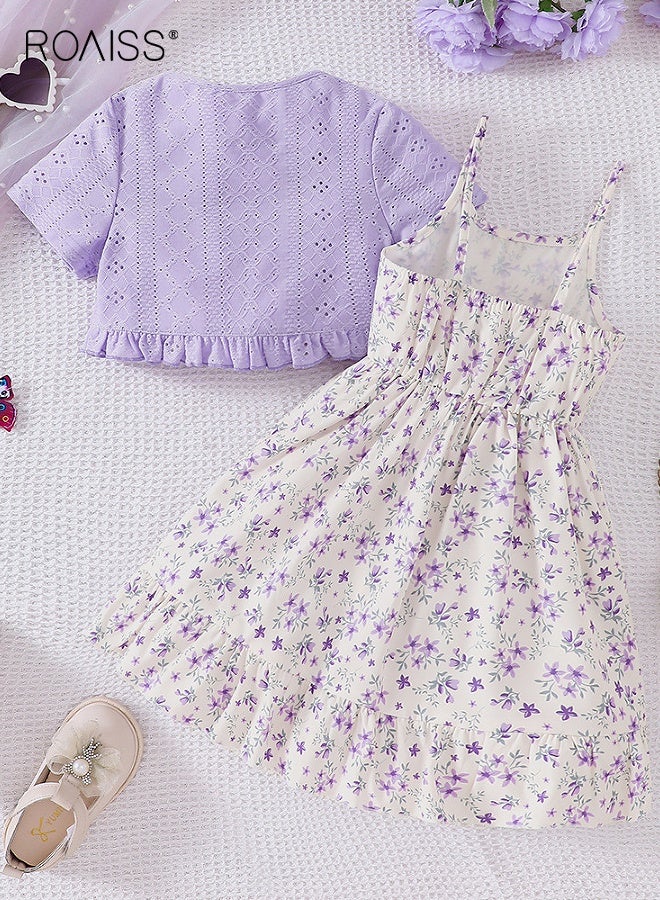 roaiss Girls Stylish Dress and Coat Set, Floral Print Sleeveless Dress and Short Sleeve Cardigan Set, 2 Pieces Summer Casual Outfits for Little Girls, Suit for Daily Wear or Any Occasion  - Image 3