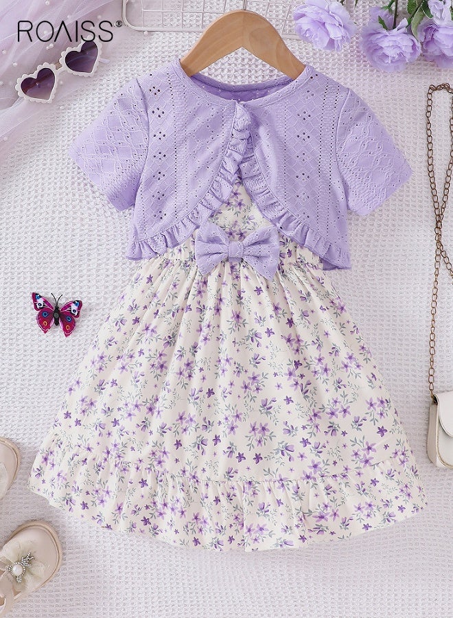 roaiss Girls Stylish Dress and Coat Set, Floral Print Sleeveless Dress and Short Sleeve Cardigan Set, 2 Pieces Summer Casual Outfits for Little Girls, Suit for Daily Wear or Any Occasion  - Image 4