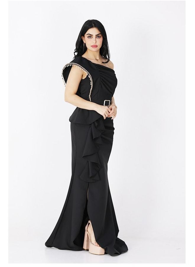 Dentek - One-shoulder evening dress decorated with distinctive embroidery, with a belt at the waist, with layers on the side, and with an opening made of taffeta. - Image 1