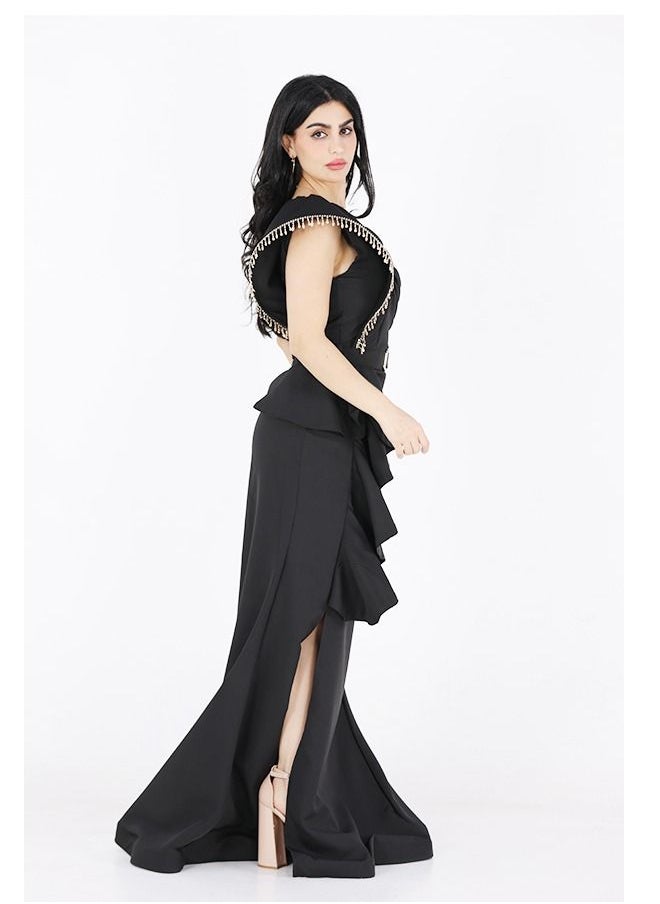 Dentek - One-shoulder evening dress decorated with distinctive embroidery, with a belt at the waist, with layers on the side, and with an opening made of taffeta. - Image 1