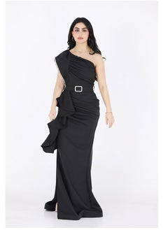 One-shoulder evening dress decorated with distinctive embroidery, with a belt at the waist, with layers on the side, and with an opening made of taffeta.
