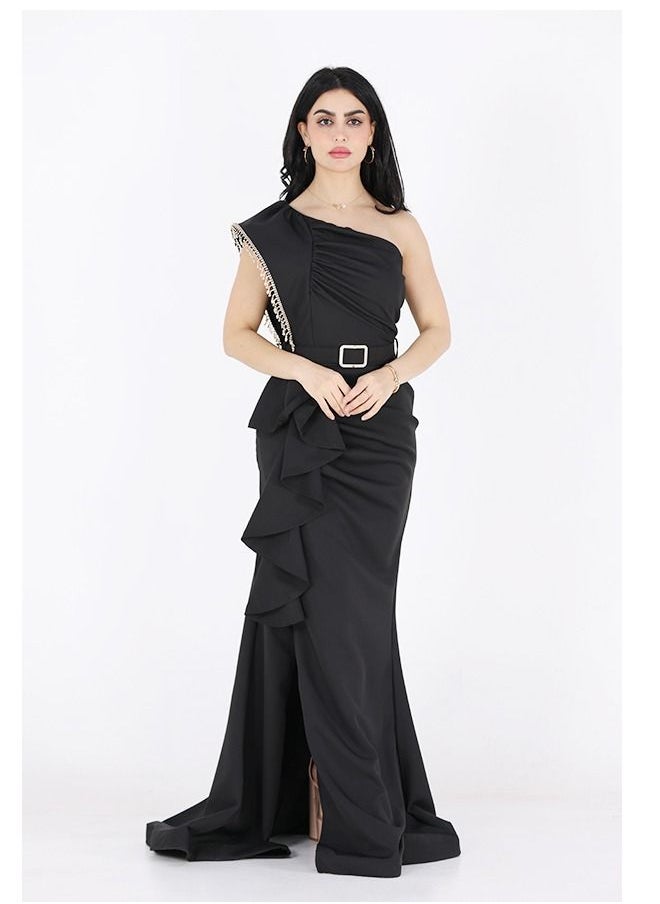 Dentek - One-shoulder evening dress decorated with distinctive embroidery, with a belt at the waist, with layers on the side, and with an opening made of taffeta. - Image 1