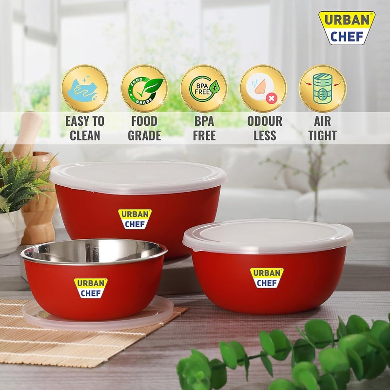 URBAN CHEF طقم خلط من مكون من 3 أوعية من الفولاذ المقاوم للصدأ (500 مل، 800 مل، 1250 مل) | آمن للاستخدام في الميكروويف وغسالة الأطباق | طقم أوعية بغطاء هدية | أوعية للوجبات الخفيفة | أوعية تقديم إكسسوارات المطبخ - أحمر - Image 3