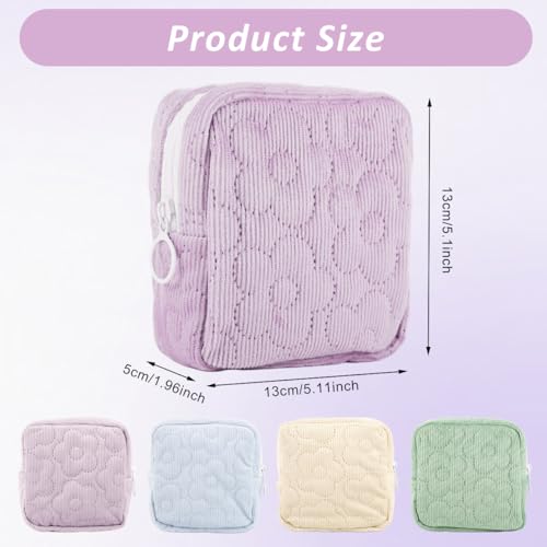 MAYCREATE® 4Pcs Fashion Corduroy Pouch, 4-Color Small Cosmetic Zipper Pouch Makeup Bag Floral Quilting Travel Bag Sanitary Pads Storage Bag - Image 2