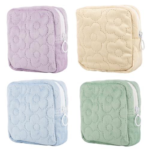 MAYCREATE® 4Pcs Fashion Corduroy Pouch, 4-Color Small Cosmetic Zipper Pouch Makeup Bag Floral Quilting Travel Bag Sanitary Pads Storage Bag - Image 1